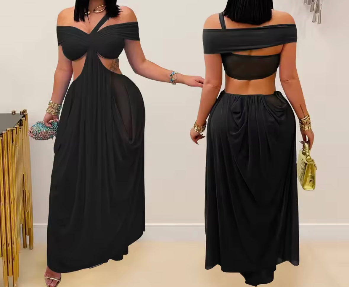 Women Sexy Off The Shoulder Cut Out Draped Maxi Dress