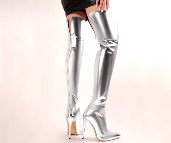 Women Fashion Color Metallic Over The Knee High Heel Boots