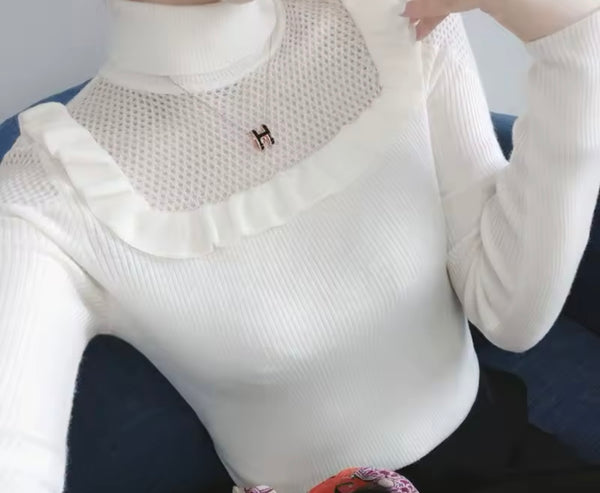 Women Fashion Color Turtleneck Ruffled Full Sleeve Top