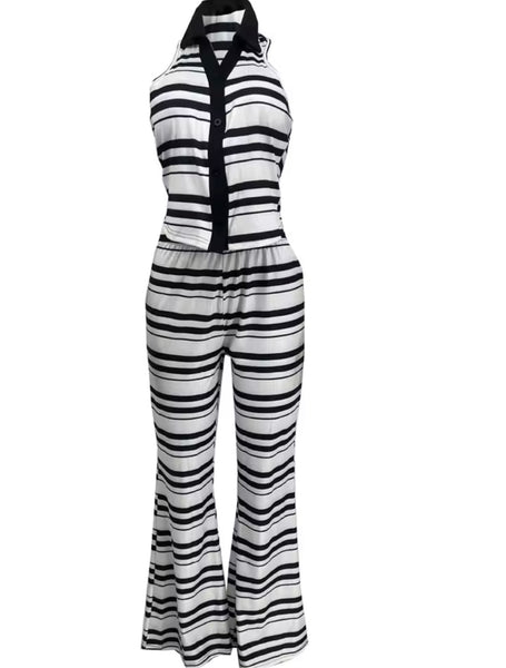 Women Fashion Halter Sleeveless Striped Two Piece Pant Set