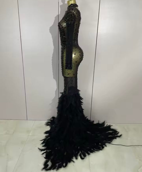 Women Sexy Color Crystal Feather Full Sleeve Mesh Maxi Dress