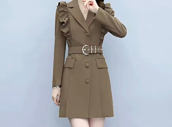 Women Color Fashion Ruffle Belted Trench Jacket