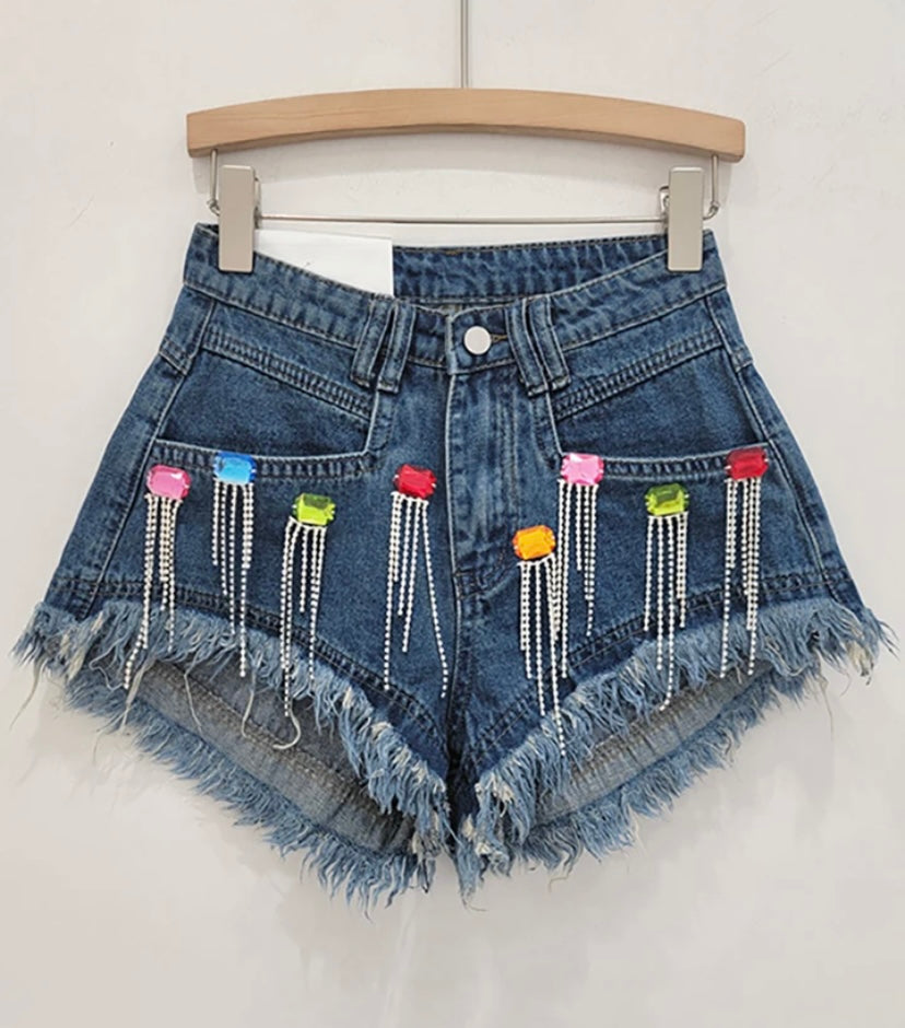 Women Ripped Color Crystal Tassel Fashion Denim Shorts