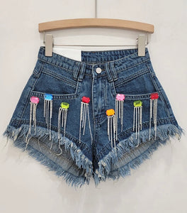Women Ripped Color Crystal Tassel Fashion Denim Shorts