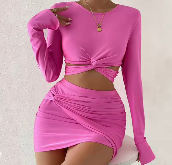 Women Pink Sexy Ruched Full Sleeve Crop Two Piece Skirt Set
