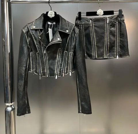 Women Fashion Faux Leather Zipper Two Piece Jacket Skirt Set