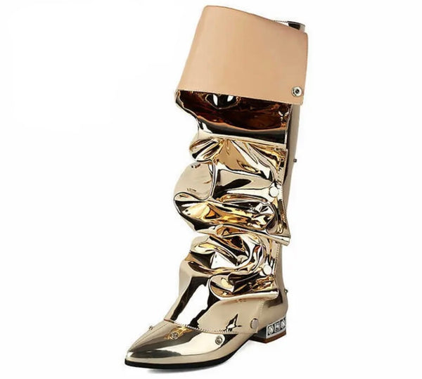 Women Fashion Pointed Toe Patent Leather Button Flat Boots