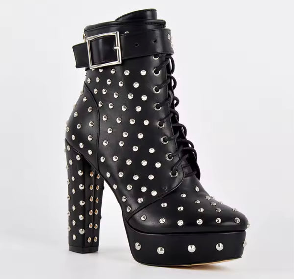 Women Fashion Black Rivet High Heel Ankle Strap Buckle Boots
