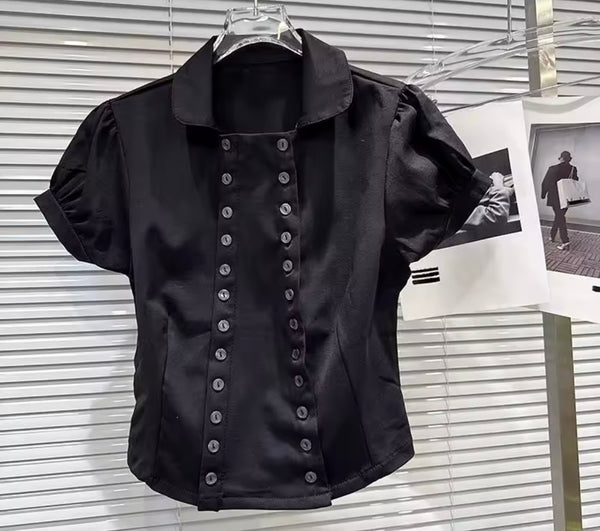 Women Collar Rivet Short Sleeve Black Two Piece Skirt Set