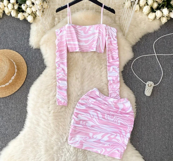 Women Sexy Pink/White Striped Full Sleeve Two Piece Skirt Set