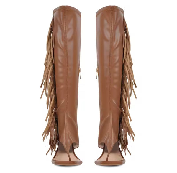 Women Fashion Open Toe Fringe Tassel Knee High Boots