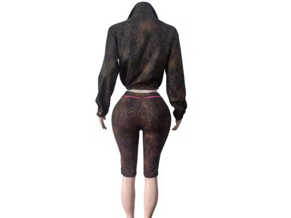 Women Animal Print Drawstring Crop Two Piece Capri Pant Set