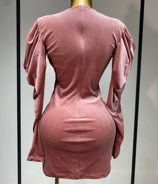 Women Sexy Velour Rhinestone Mesh Full Sleeve Ruched Dress