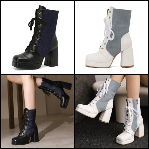 Women Fashion Platform Denim Patchwork Faux Leather Boots