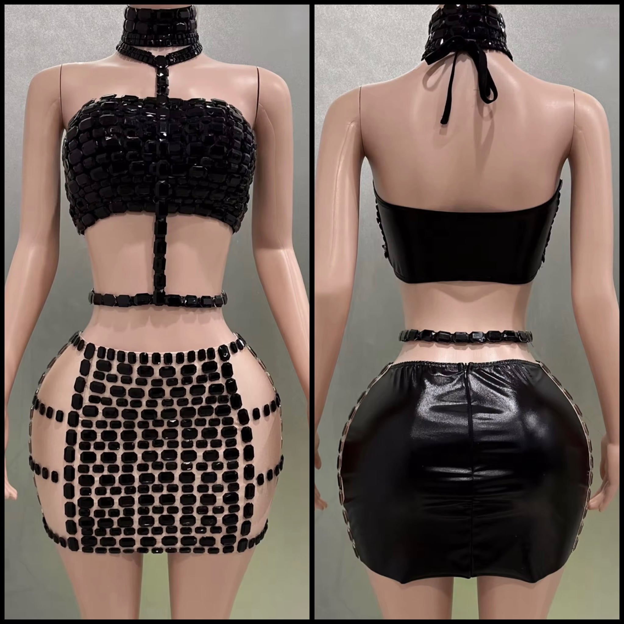 Women Sexy Choker Sleeveless Crystal Mesh Two Piece Skirt Set