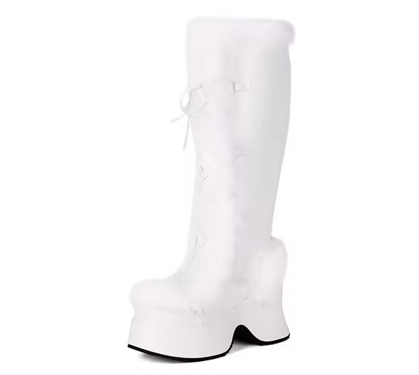 Women Fashion Faux Leather Fur Patchwork Platform Knee High Boots