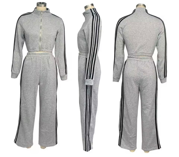 Women Striped Zip Up Fashion Two Piece Tracksuit Pant Set