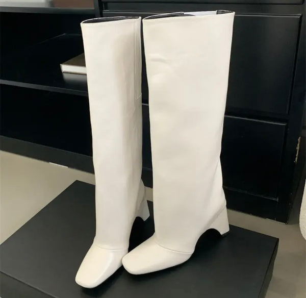 Women Fashion Square Toe Faux Leather Knee High Boots