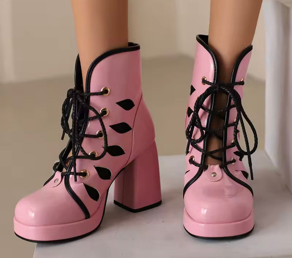 Women Fashion Color Lace Up Patent Leather Ankle Boots