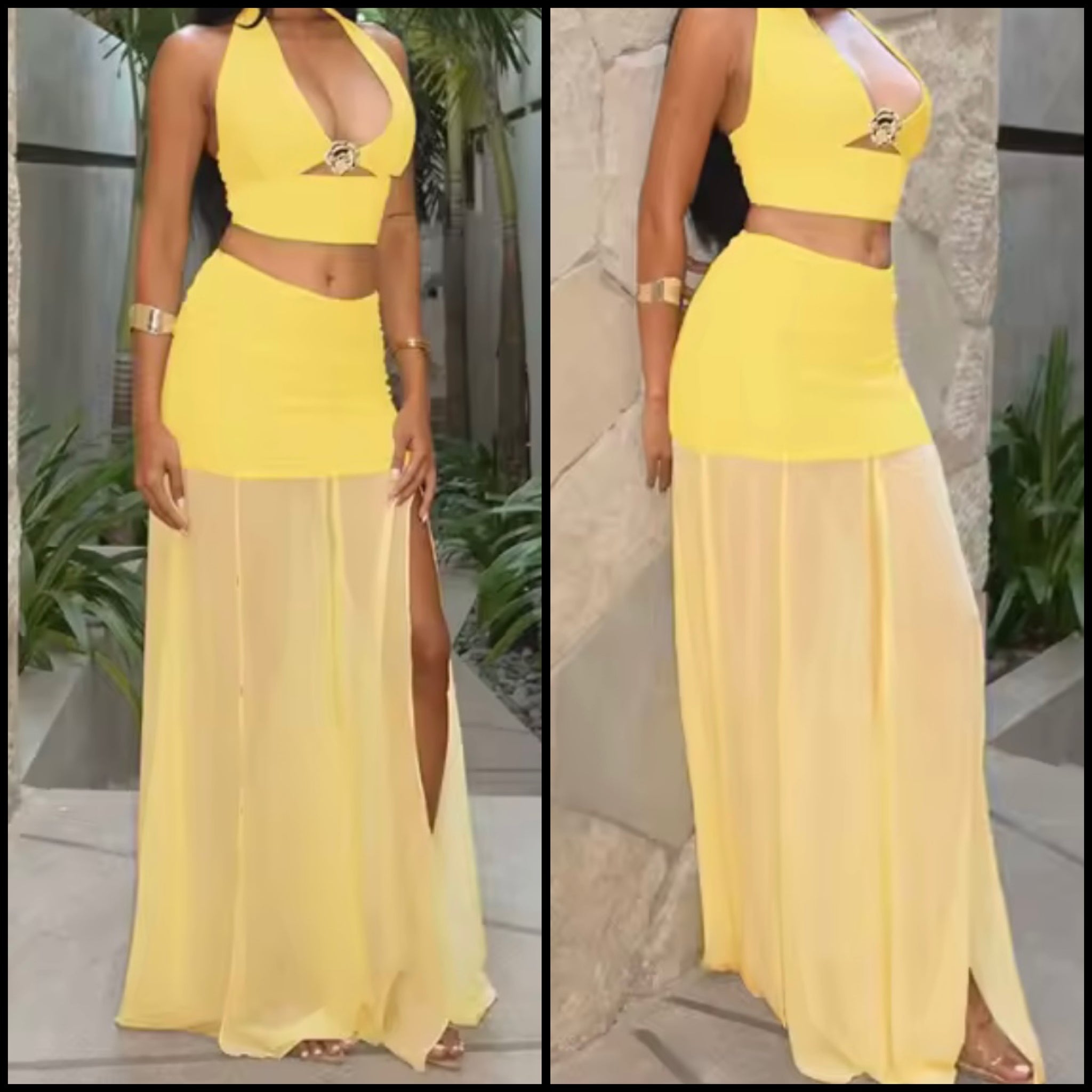 Women Yellow Sexy Halter Sleeveless Two Piece Maxi Skirt Set