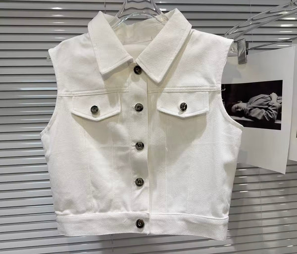 Women Fashion Sleeveless Button Up Vest Two Piece Pant Set