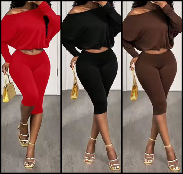 Women Off The Shoulder Full Sleeve Two Piece Capri Pant Set