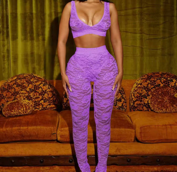 Women Sexy Sleeveless Color Crop Lace Two Piece Pant Set