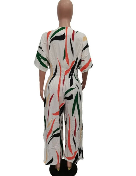 Women Sexy Printed Short Sleeve Wide Leg Jumpsuit