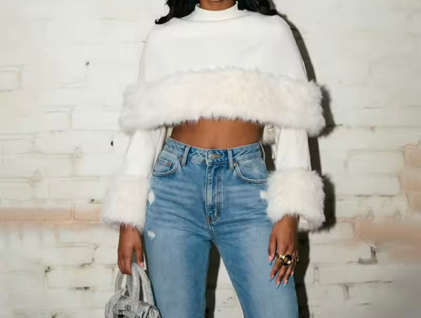 Women Fashion Fur Patchwork Full Sleeve Crop Top