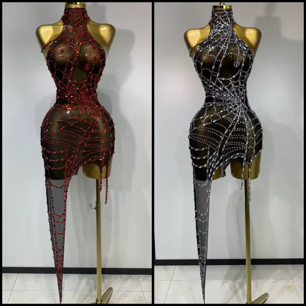 Women Sleeveless Asymmetrical Rhinestone Mesh Dress