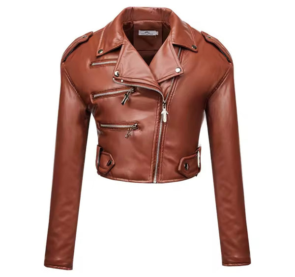 Women Color Zipper Fashion Faux Leather Crop Jacket