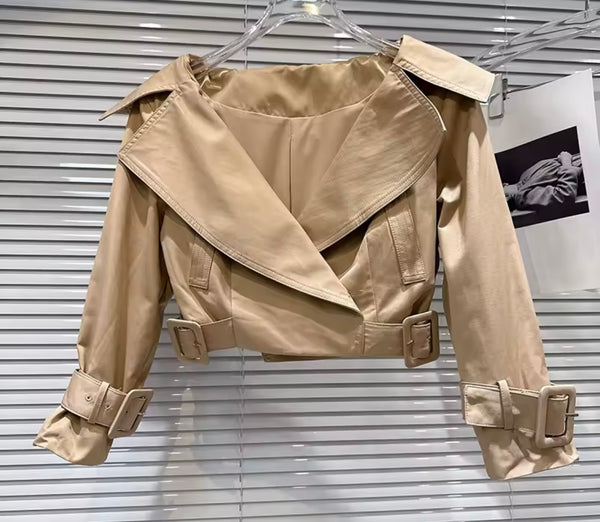 Women Fashion Khaki Buckle Full Sleeve Two Piece Skirt Set