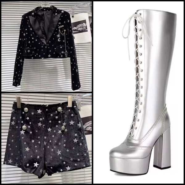 Women Black Velvet Printed Blazer Two Piece Short Set