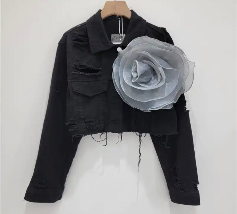 Women Fashion Ripped Floral Denim Jacket