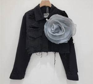 Women Fashion Ripped Floral Denim Jacket