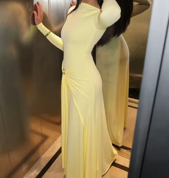 Women Sexy Solid Color Tassel Full Sleeve Maxi Dress