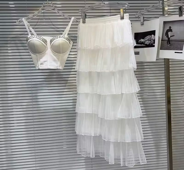 Women Sexy Bling Sleeveless Two Piece Ruffled Mesh Maxi Skirt Set