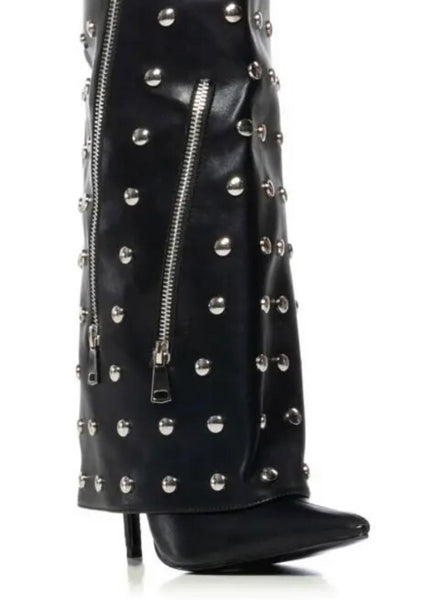 Women Black Rivet Zipper Faux Leather Knee High Boots