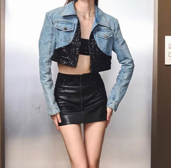 Women Fashion Faux Leather Sequins Two Piece Denim Jacket Skirt Set