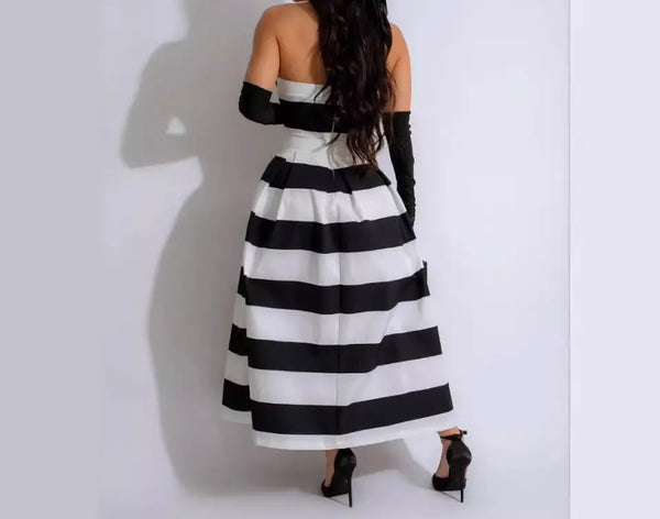 Women Sexy B&W Striped Strapless Maxi Dress
