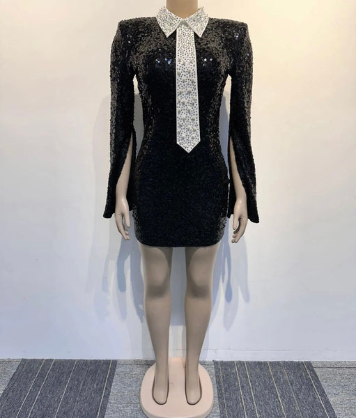 Women Sexy B&W Pearl Bling Tie Full Sleeve Sequins Open Back Dress