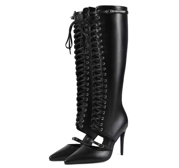 Women Fashion Black Pointed Toe Buckled Lace Up Knee High Boots