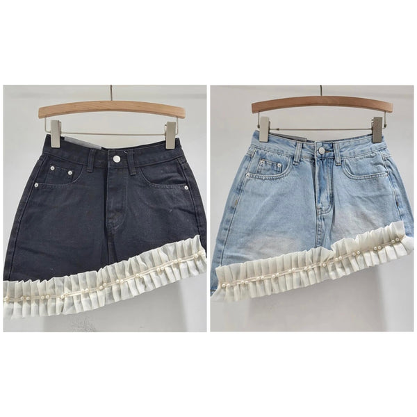 Women Fashion Ruffled Pearl Asymmetrical Denim Skirt