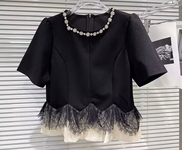 Women Black Rhinestone Collar Short Sleeve Two Piece Maxi Skirt Set