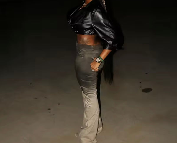 Women Color Fashion Zip Up Buckled Faux Leather Crop Jacket