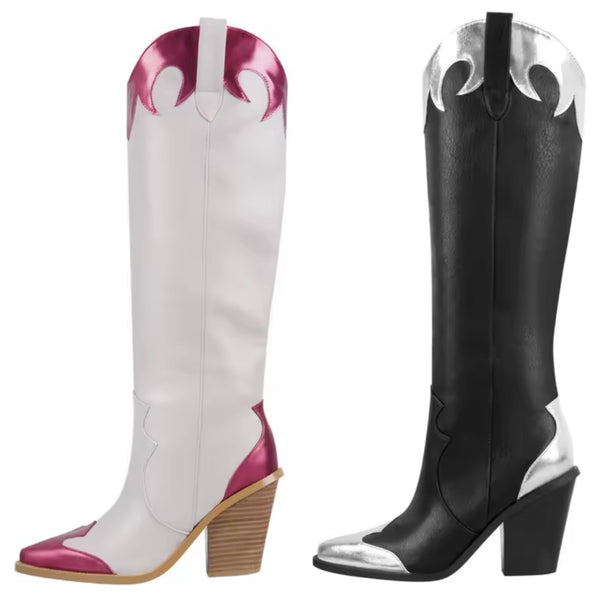 Women Fashion Color Pointed Toe Knee High Western Boots