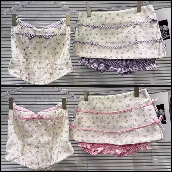 Women Sexy Plaid Floral Strapless Corset Two Piece Skirt Set