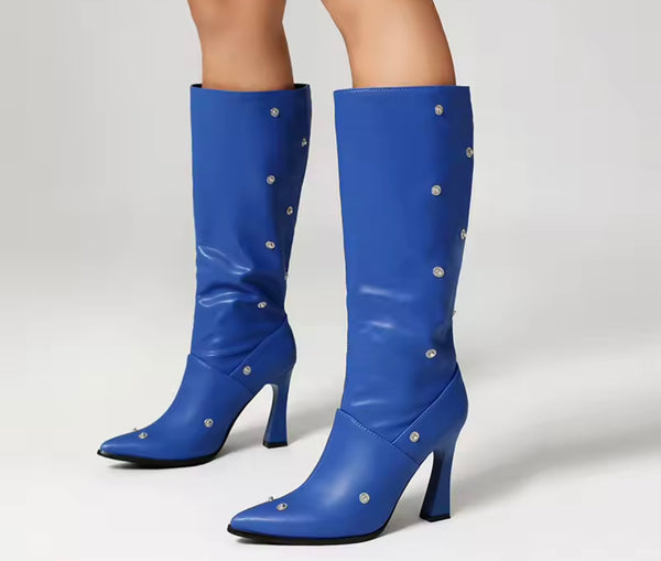 Women Fashion Color Button Ruched Knee High Boots