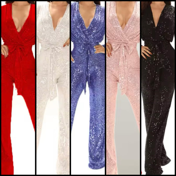 Women Sexy Sequins V-Neck Full Sleeve Tie Up Jumpsuit