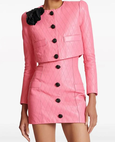 Women Pink Faux Leather Button Up Two Piece Fashion Skirt Set